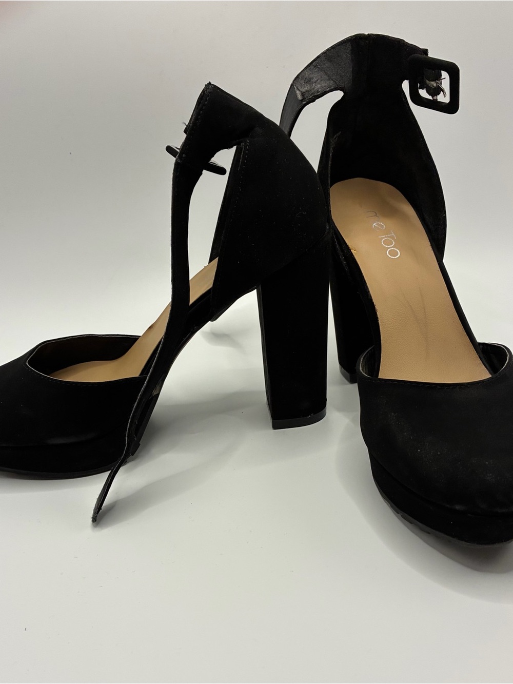 Me Too Lisbeth Black Suede Women's Block Heel Platform Ankle Strap Pumps Size 9m